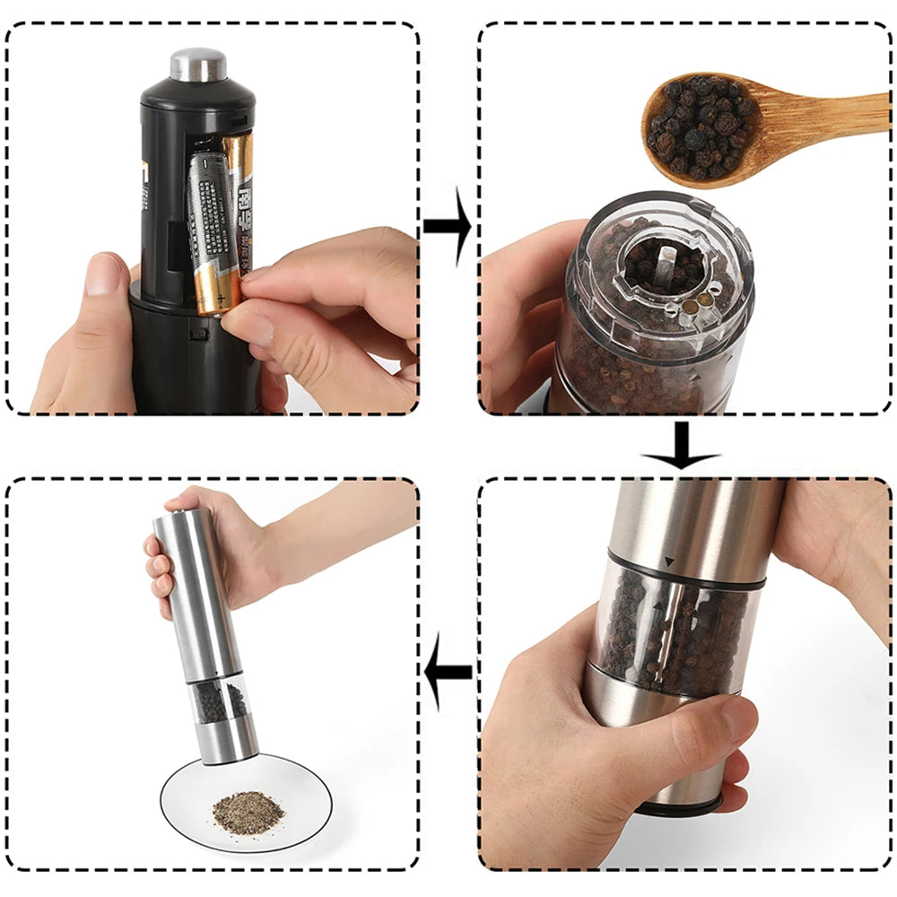 One-handed Operation Spice Grain Mill Grinding Tool Portable Stainless Steel Electric Salt and Pepper Grinder With Led Light