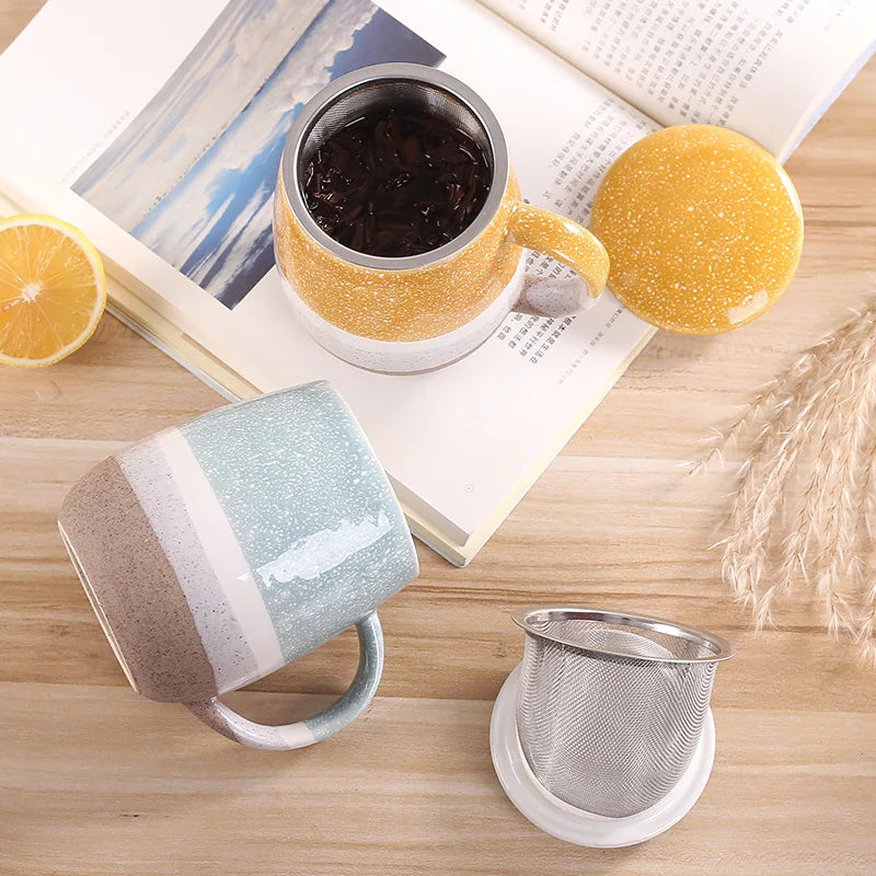 Modern Design Large Capacity Ceramic Mug with High Color Value Tea Water Separation Ins Household Cup Lid Wholesale Drinkware
