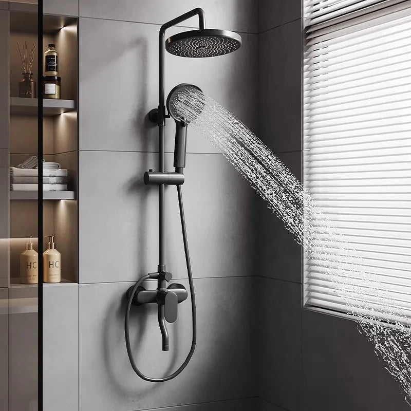 Gun Grey All-Copper Household Bathroom Shower Set Simple Design Ceramic Metered Faucets Chrome Shower Booster