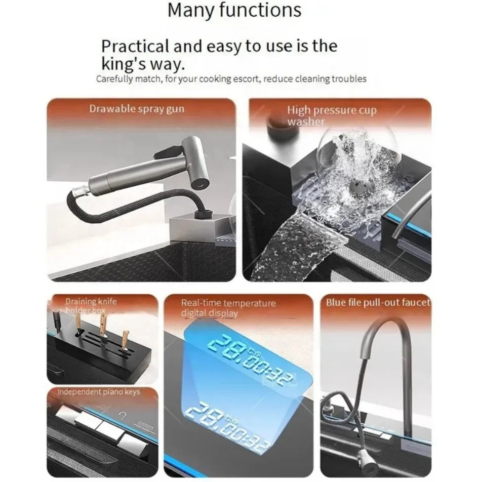 Modern New Smart Black Stainless-steel Kitchen Sink Multifunctional Large Single Sink with Waterfall Faucet for Hotel Kitchen