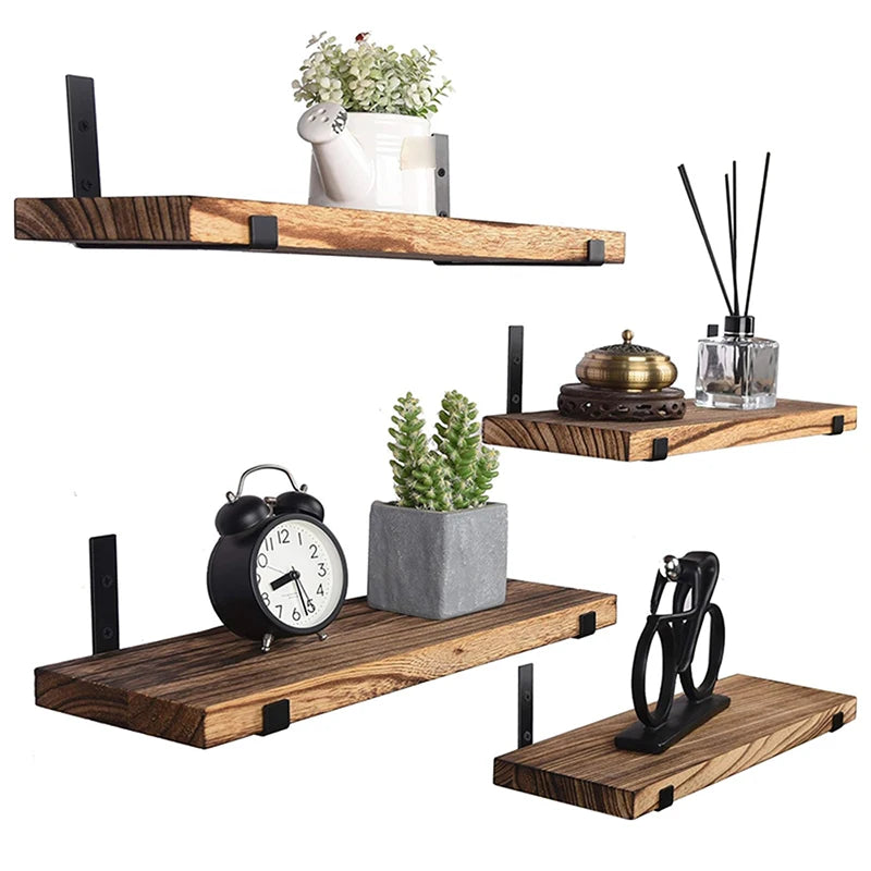 Country Style 4-Piece Set of Wooden Floating Shelf Wall Decoration Frames for Bathroom Kitchen Bedroom Living Room