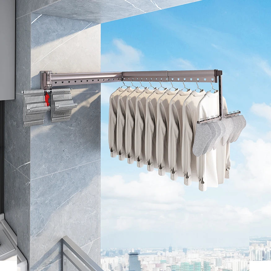 High Level Quality Aluminum Alloy Foldable Drying Rack Windproof Telescopic Multi Function Wall Mounted Clothes Drying Rack