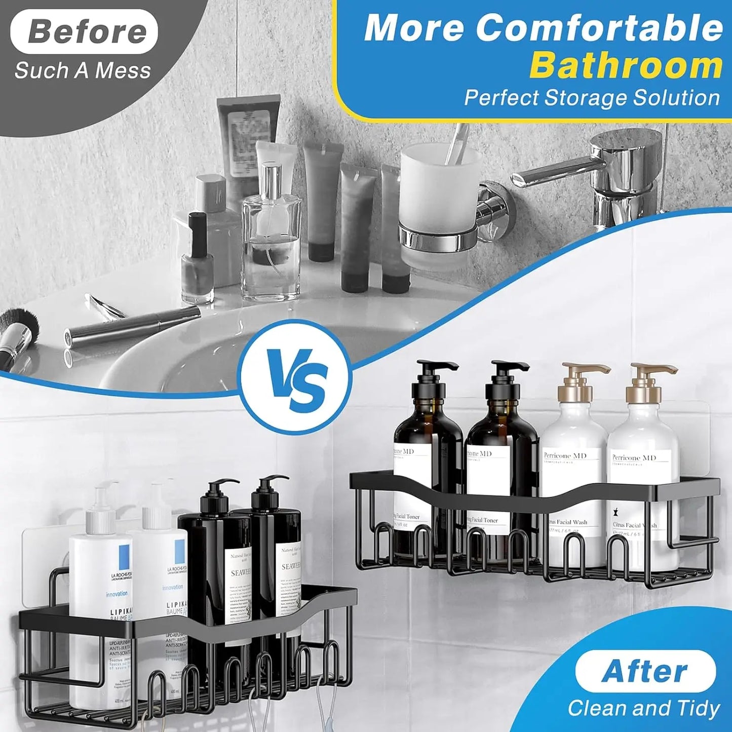 Metal Adhesive Shower Organizer Shelves for Bathroom&Kitchen,No Drilling Large Capacity Rustproof Bathroom Organizer