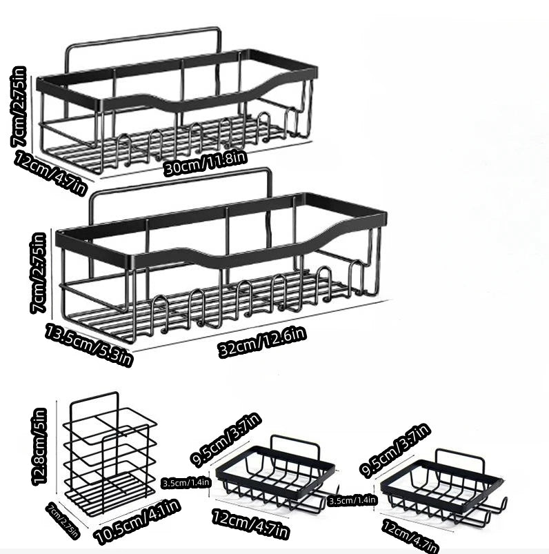 5-piece Set Wall Mounted Bathroom Shelf Black Iron Bathroom  Kitchen Shower Shelves Metal Self-adhesive Storage Rack