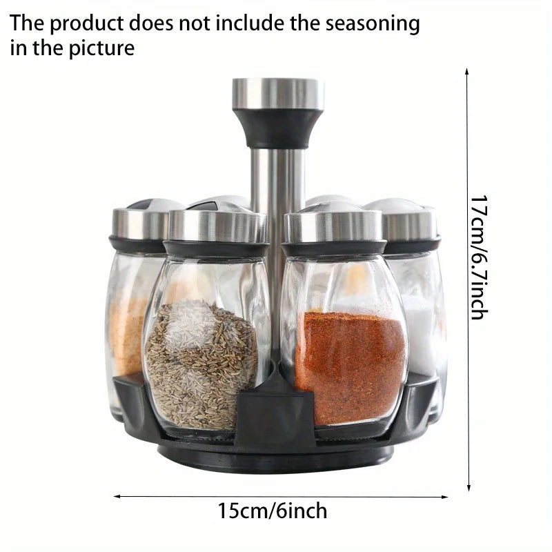 1 Set Multifunctional Rotating Kitchen Spice Rack With 6 Spice Jars Seasoning Jar Set for Home/ Dorm/Restaurant
