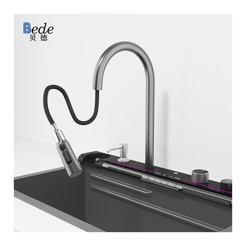 Single Modern Stainless Steel 304 LED Digital Waterfall Kitchen Sink New Design Popular Black Smart Multifunctional Handmade One