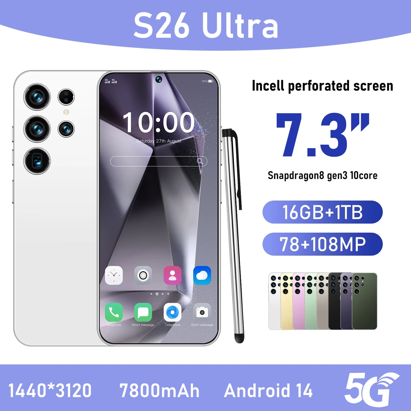 Hot S26 Ultra 5G Smartphone - Snapdragon8gen3 16GB+1TB 7800mAh Face + Fingerprint