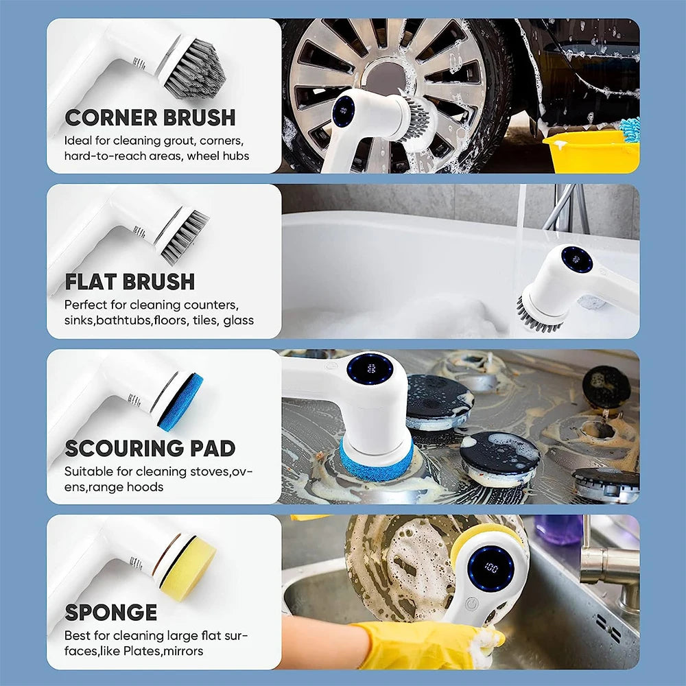 IPX7 Waterproof Electric Cordless Shower Scrubber Dual Speed with 5 Replaceable Brush Heads Convenient Cleaning Equipment