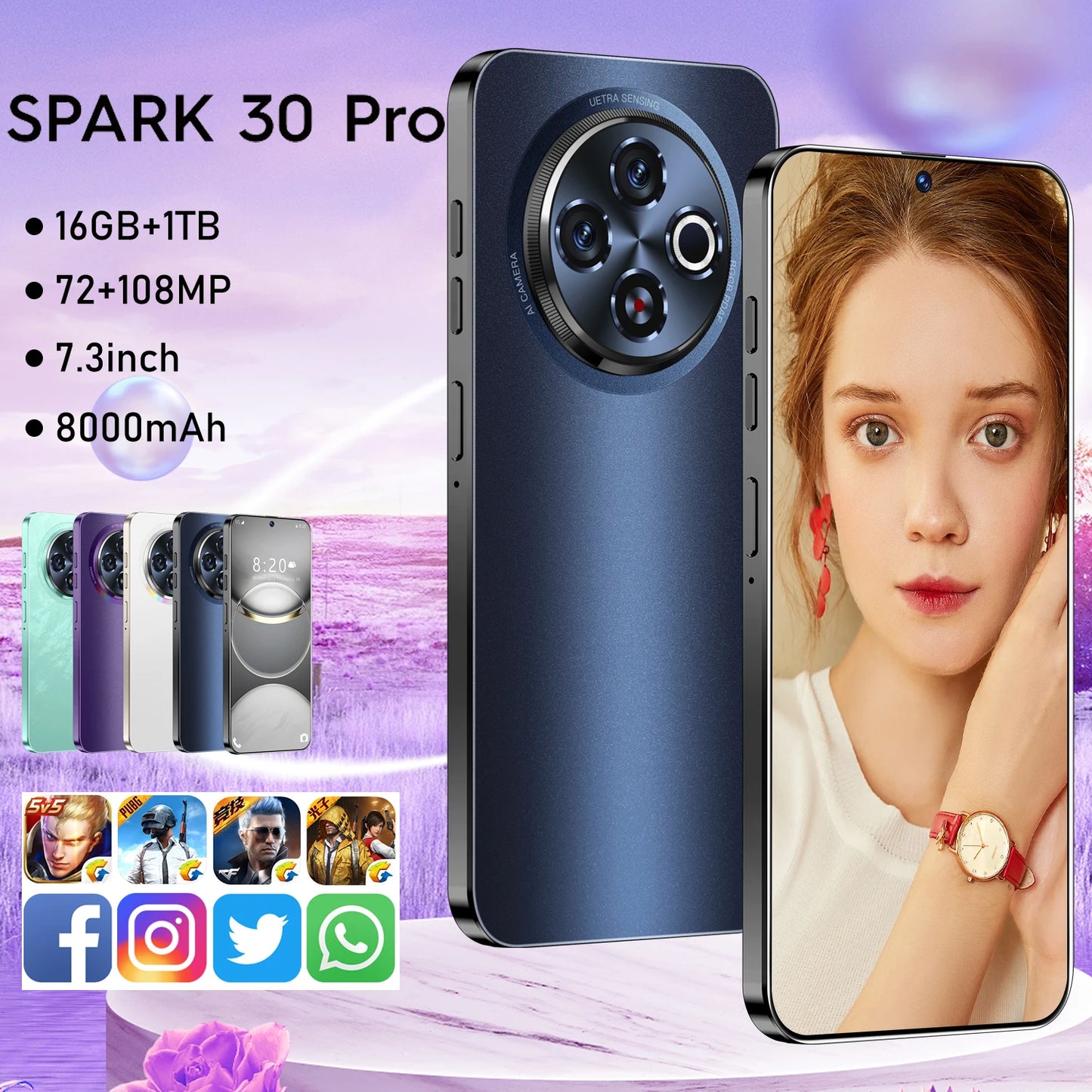 Spark30 Pro 16+1TB Smartphone Pro Real 5G Mobile Phone 108MP Rear Camera Supports Spanish English HD Screen
