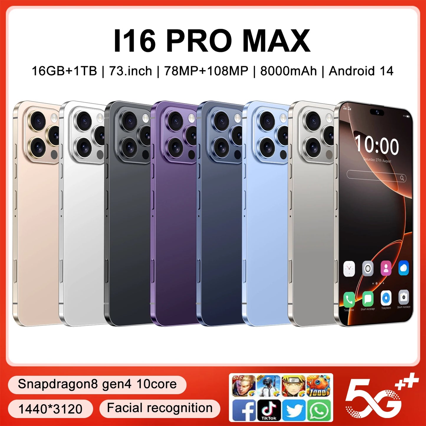 2025 Original High Quality I16pro Max 16GB+1TB Android 14 5G Smart Phone Globally Compatible  108MP Rear Camera