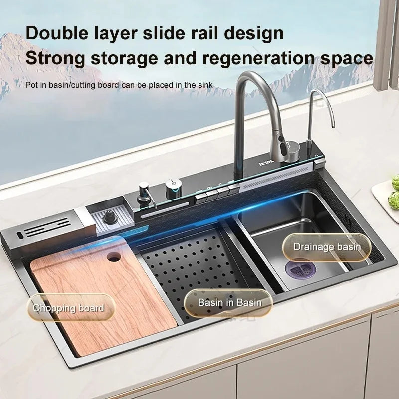 Modern New Smart Black Stainless-steel Kitchen Sink Multifunctional Large Single Sink with Waterfall Faucet for Hotel Kitchen