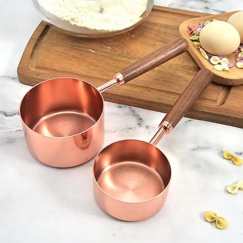 Fast Ship Rose Gold Stainless Steel Walnut Wood Handle Measuring Cups and Spoons Set for Dry and Liquid