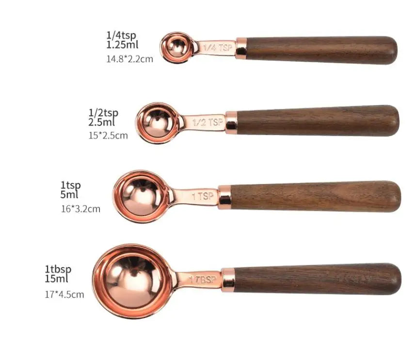 Fast Ship Rose Gold Stainless Steel Walnut Wood Handle Measuring Cups and Spoons Set for Dry and Liquid