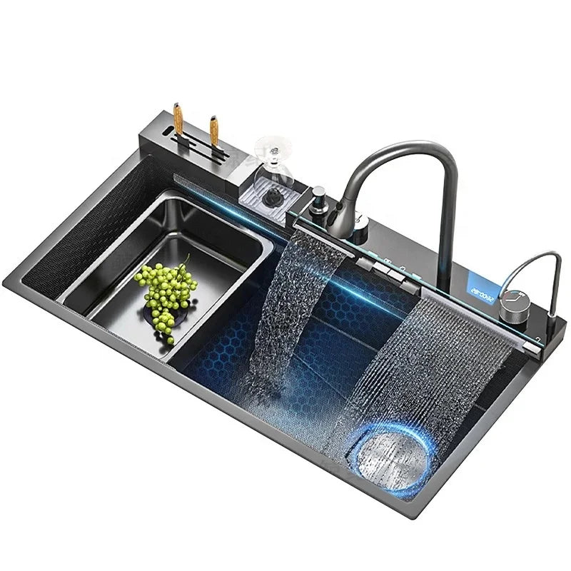 Modern New Smart Black Stainless-steel Kitchen Sink Multifunctional Large Single Sink with Waterfall Faucet for Hotel Kitchen
