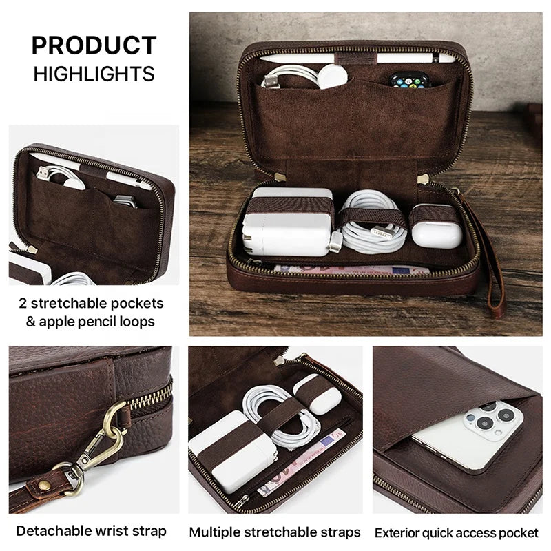 Genuine Leather Electronic Organizer Travel Case Accessory Set Cable Storage and Apple Pencil Charger Travel Organizer Bag
