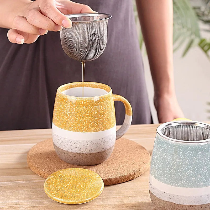 Modern Design Large Capacity Ceramic Mug with High Color Value Tea Water Separation Ins Household Cup Lid Wholesale Drinkware
