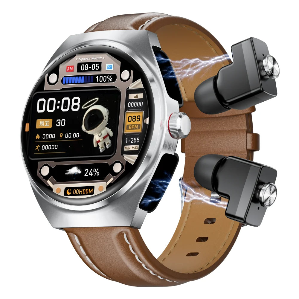 2025 New Best Smart Watch Leather Band with Earbuds 2 in 1 Headphones and Smartwatch Fitness Tracker with Heart Rate Monitor