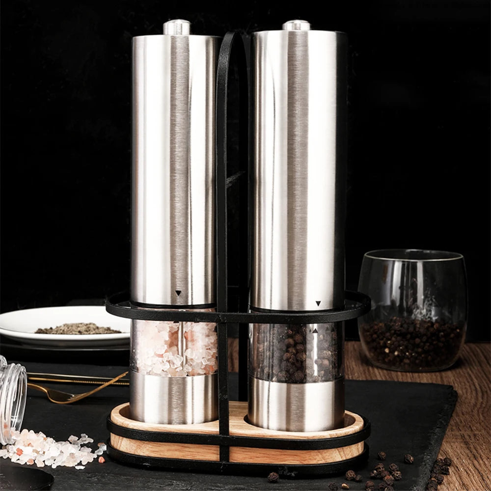 One-handed Operation Spice Grain Mill Grinding Tool Portable Stainless Steel Electric Salt and Pepper Grinder With Led Light