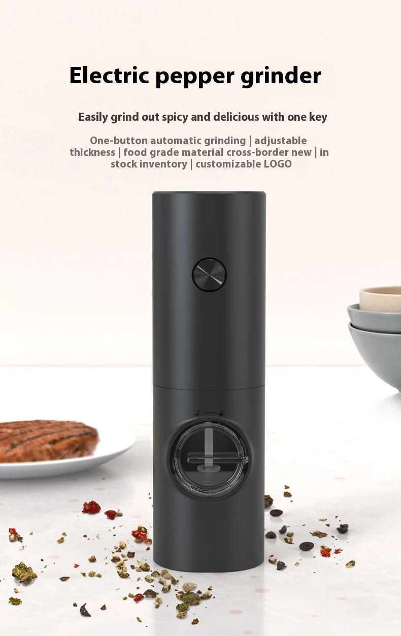 Fully Automatic Black Electric Pepper Grinder with Adjustable Coarseness Plastic Herb & Spice Seasoning Bottle
