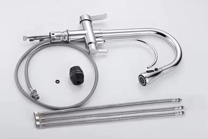 Modern Design Three-Way Mixer Kitchen Faucet with Pull Out Sprayer Water Purification Sink Faucet Featuring Brass Ceramic Filter