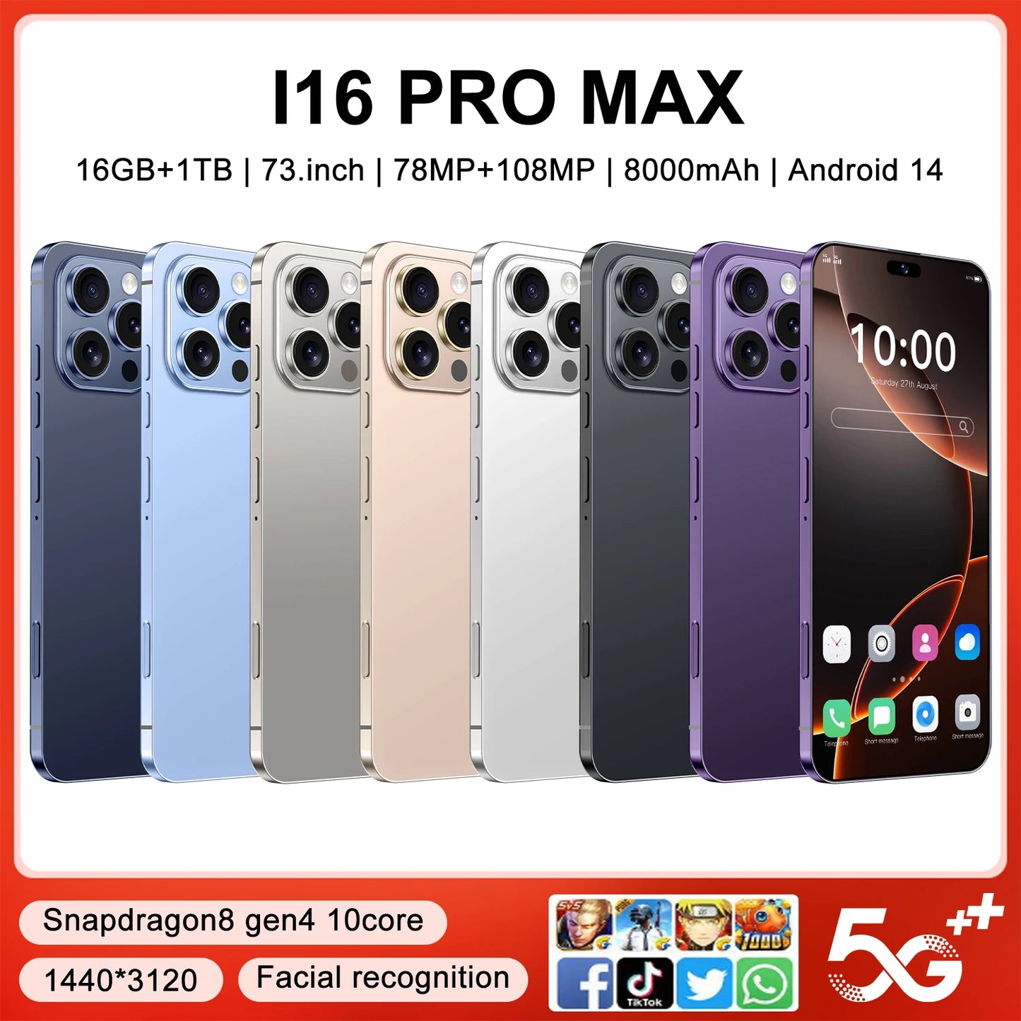 2025 Original High Quality I16pro Max 16GB+1TB Android 14 5G Smart Phone Globally Compatible  108MP Rear Camera