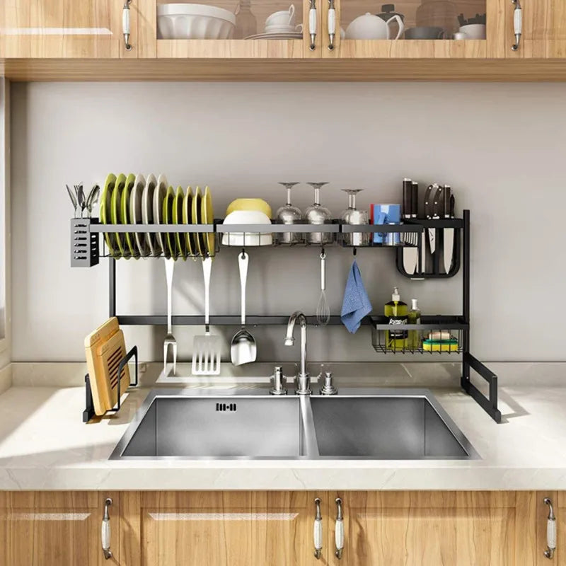 Dish Drainer Kitchen Organizer Expandable Drying Rack Over Sink Multi Functional Kitchen Shelf Space Saving Home Organizer