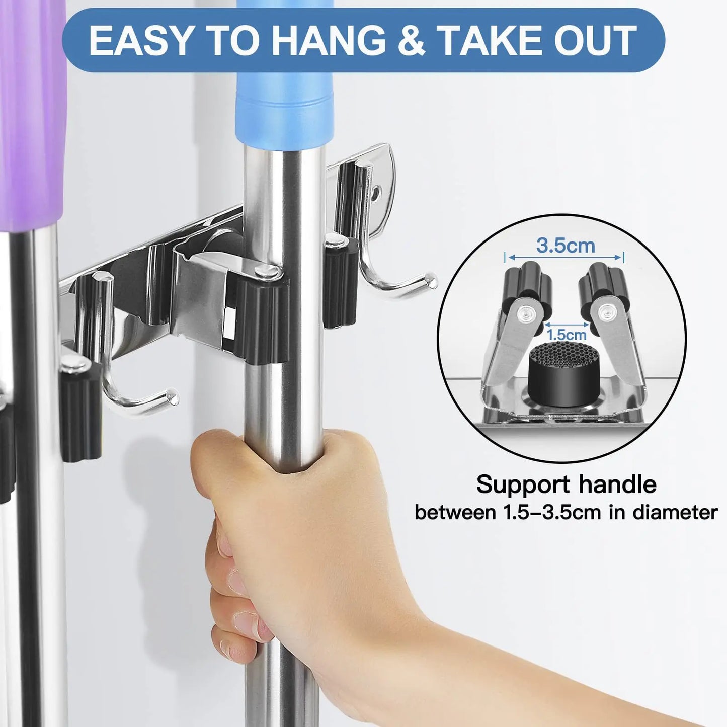 Hot Sale Stainless Steel Self Adhesive Wall Mounted Mop and Broom Holder Clip Brush Rack Cleaning Tools