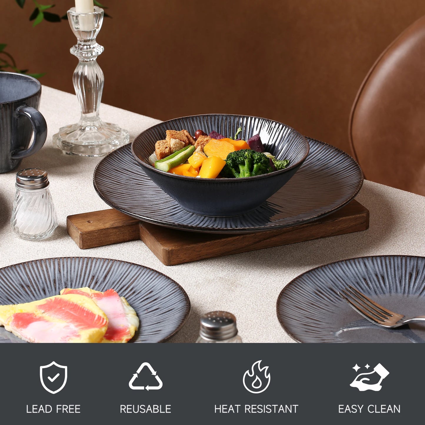 16-Piece Stoneware Black Dinnerware Set Ceramic Cups Bowls and Plates Porcelain Tableware USA Warehouse In-Stock