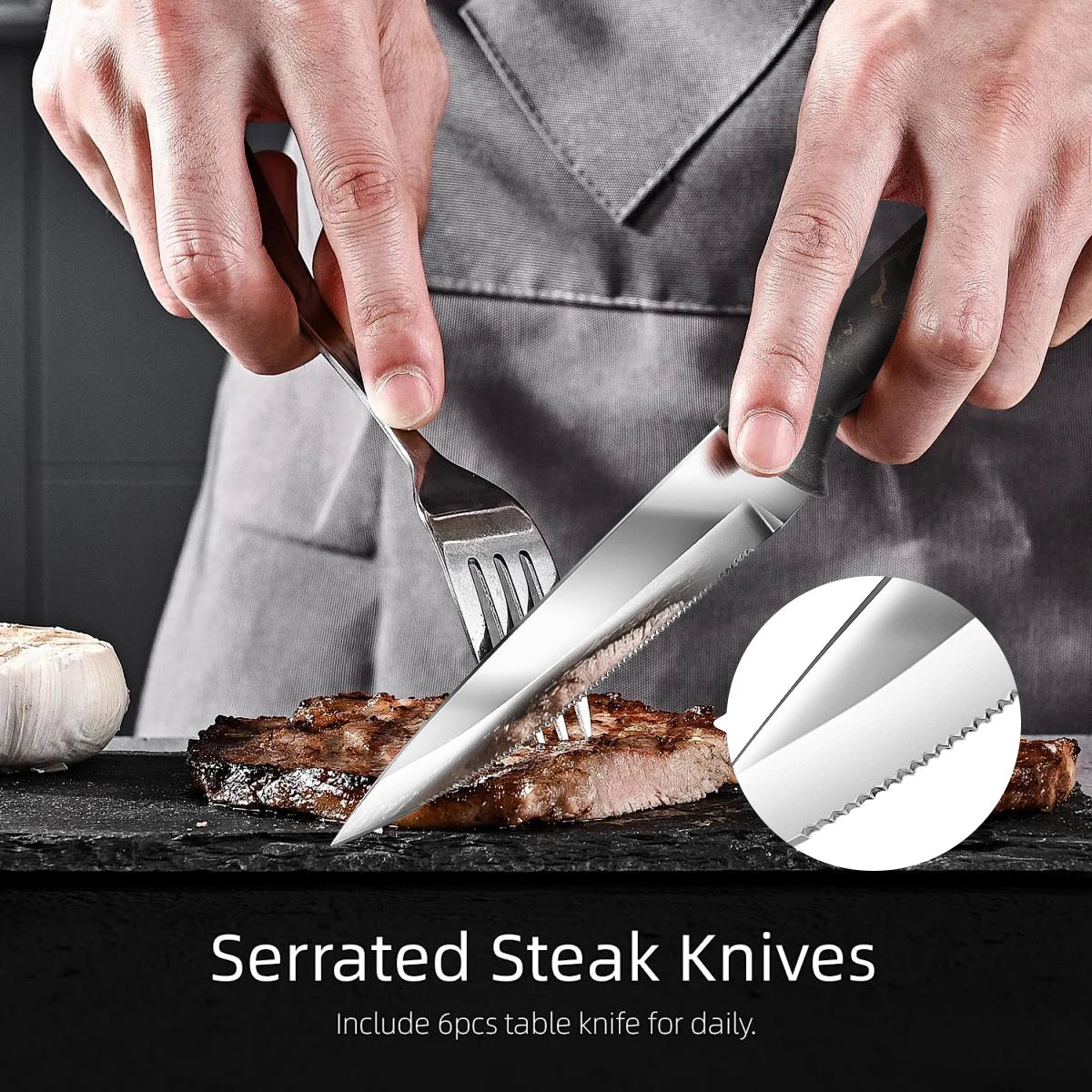 3cr13 Stainless Steel Blade Kitchen Steak Knife Set Hollow Marble Pattern ABS Plastic Handle Metal Meat Restaurant Knife