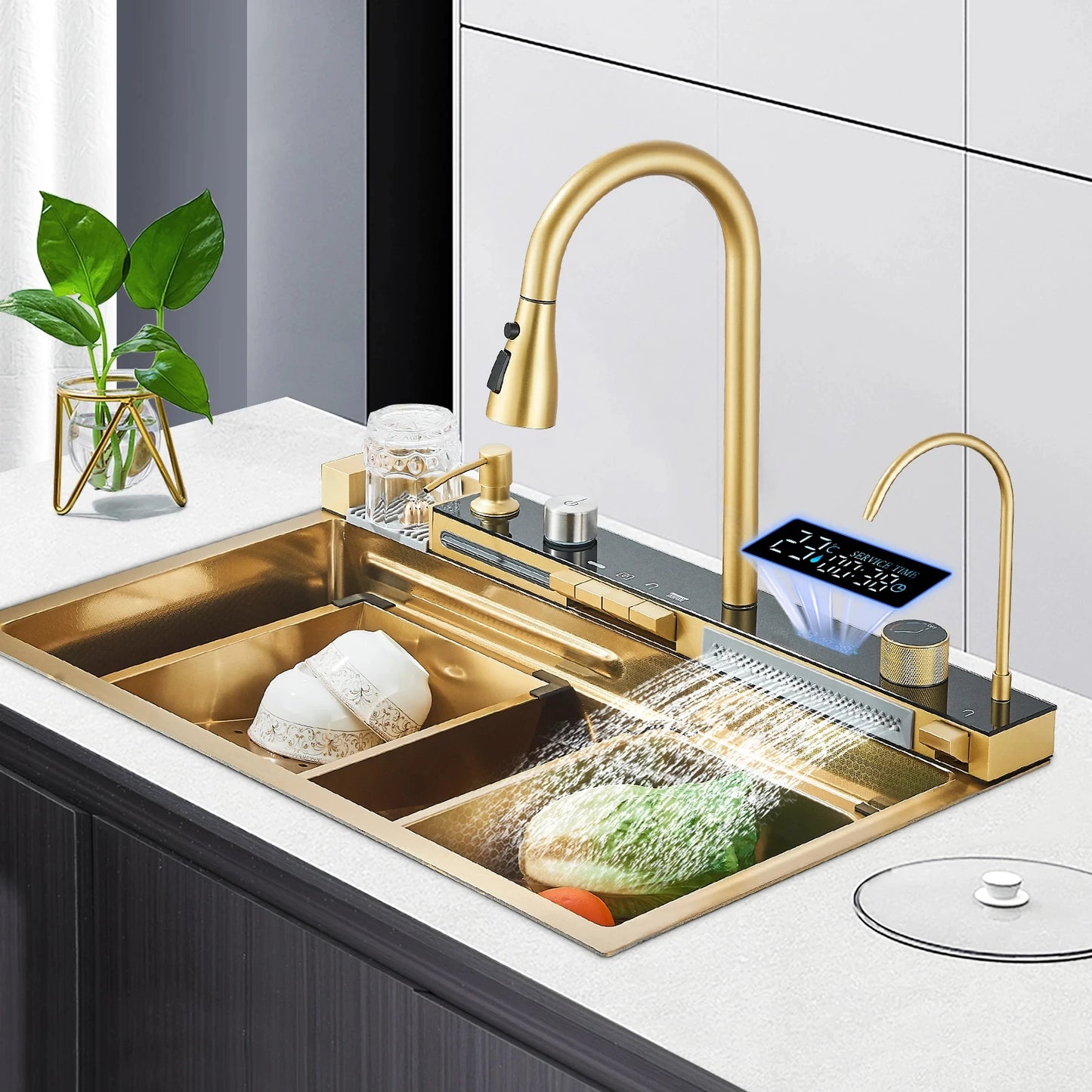 JLink Customized Brushed Gold 1000X500MM Large Modern Single Bowl Kitchen Multifunctional Faucet Stainless Steel Left Sink