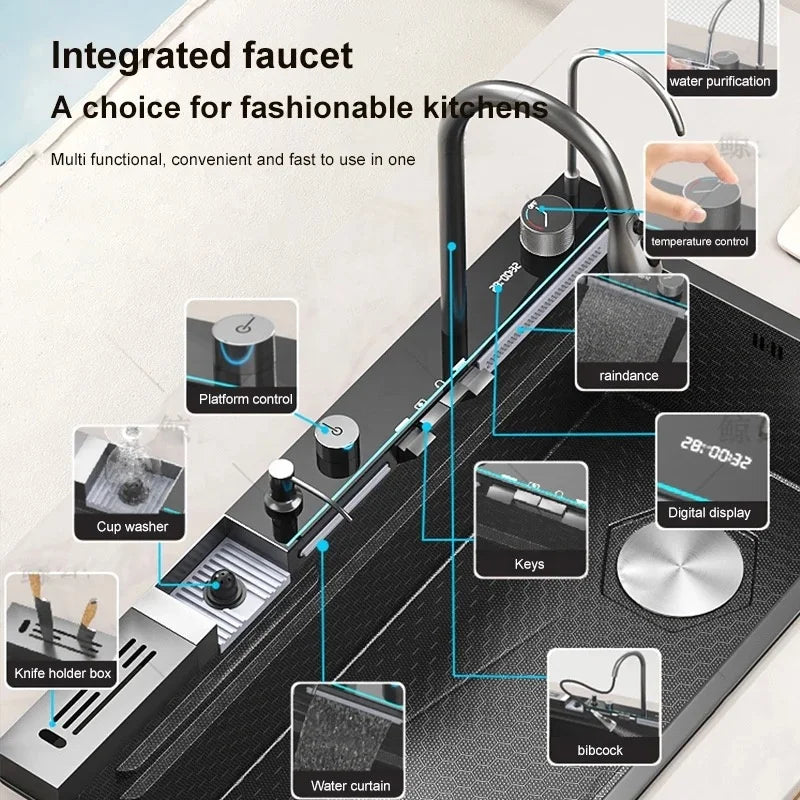 Modern New Smart Black Stainless-steel Kitchen Sink Multifunctional Large Single Sink with Waterfall Faucet for Hotel Kitchen