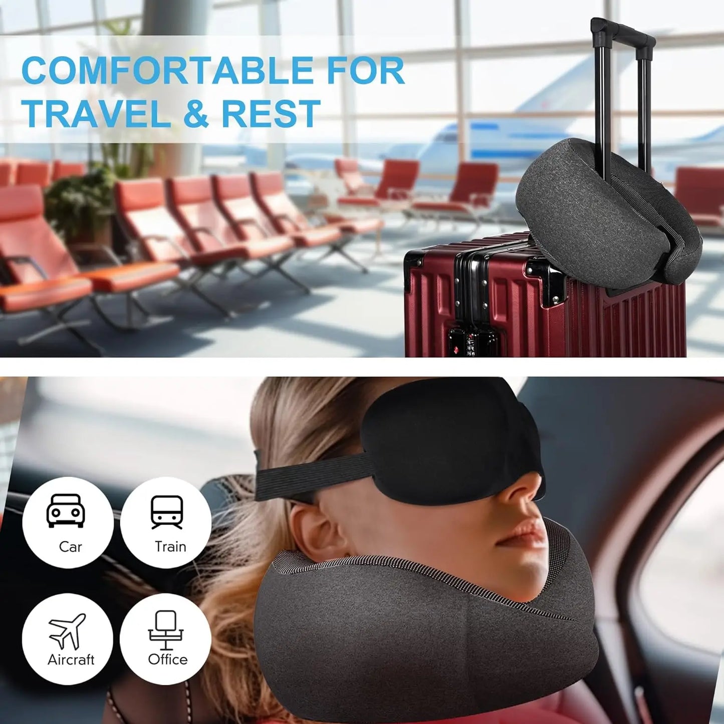 Travel Neck Pillow Memory Foam Neck Support, Patented Design for Airplanes Camping and Travel Washable Neck Support Pillow