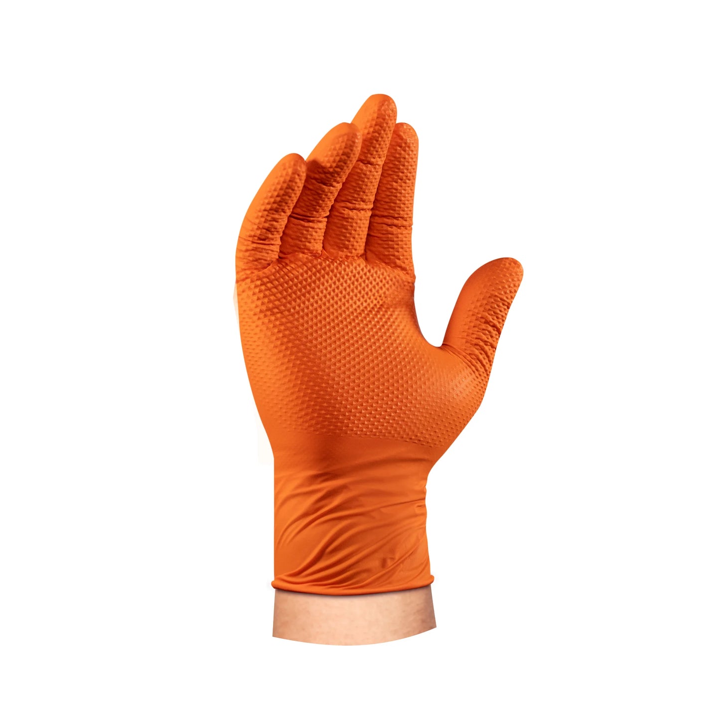 Luvas industriais descartáveis de borracha preta de 8 milímetros com aderência reforçada em forma de diamante, sem pó.