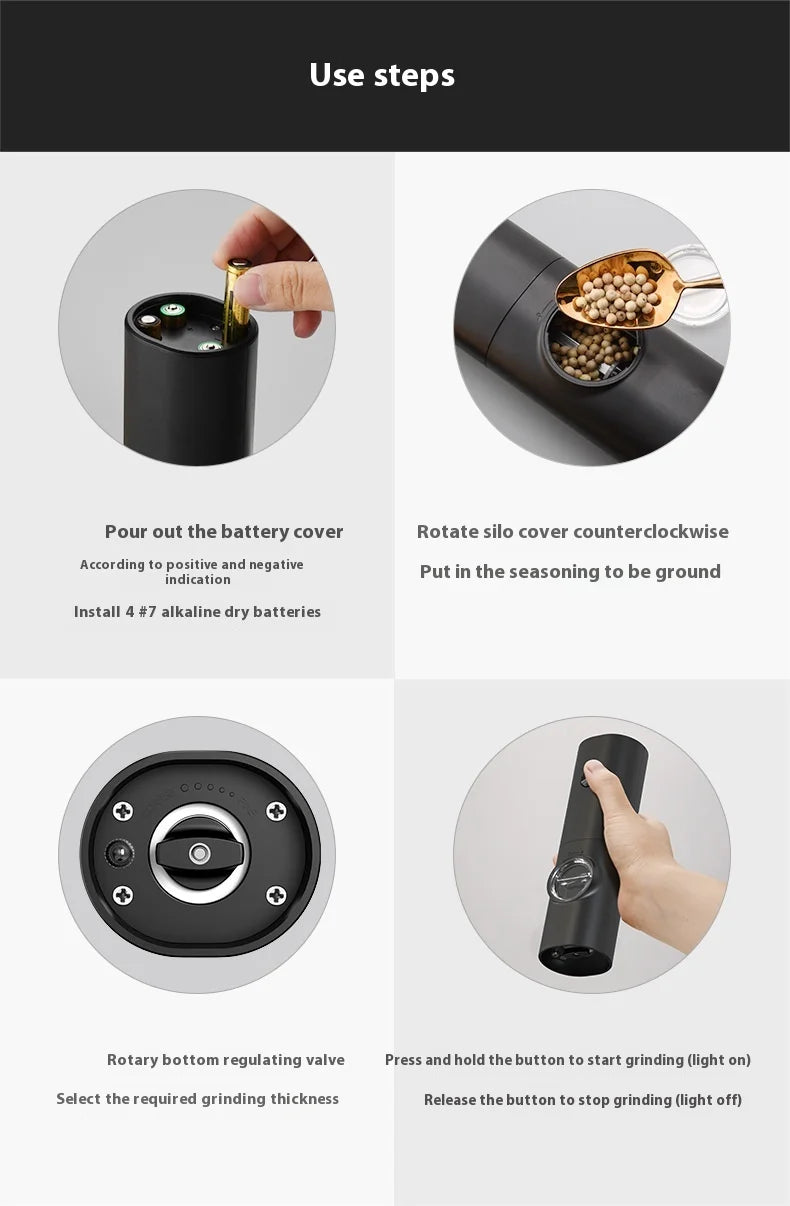 Fully Automatic Black Electric Pepper Grinder with Adjustable Coarseness Plastic Herb & Spice Seasoning Bottle