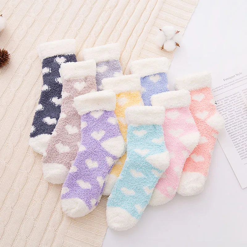 Heart Flanged Flat Women's Socks Rolled Edge Crew Cute Lovely Women's Sleeping Socks Fluffy Bed Sock for Women