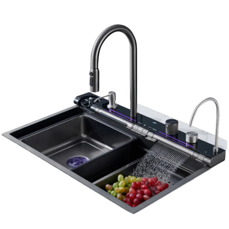 Single Modern Stainless Steel 304 LED Digital Waterfall Kitchen Sink New Design Popular Black Smart Multifunctional Handmade One