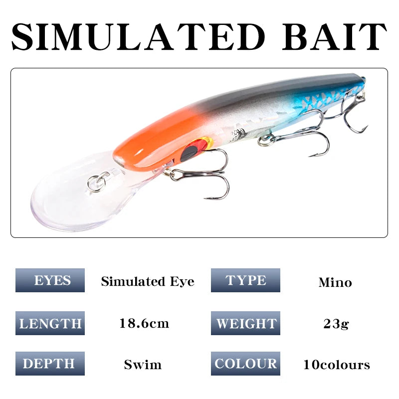 Trolling Fishing Bait 23g 186mm Deep Diving Long Lip Fishing Lures 3D Eyes Minnow Lure for Trolling Lures Baits