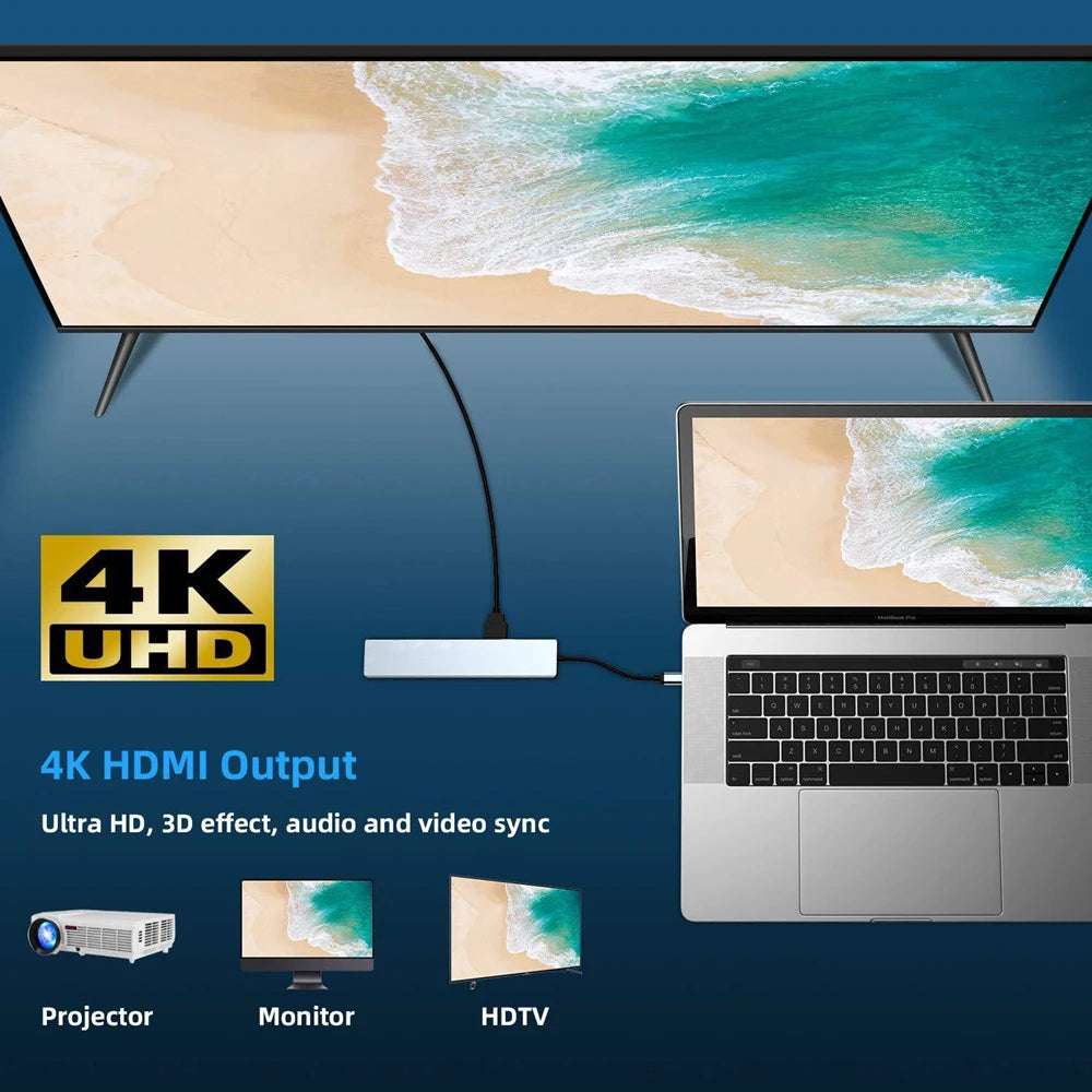 8-in-1 USB-C Docking Station USB 3.0 PD Hub With Charging Ethernet HDMI 4K TF/SD Card Reader for MacBook and Other Devices
