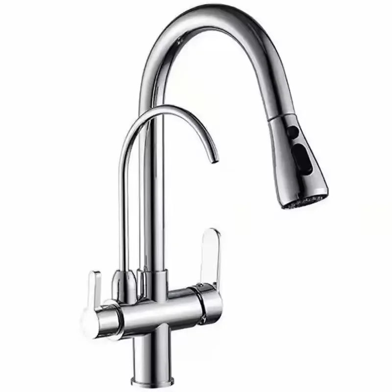 Modern Design Three-Way Mixer Kitchen Faucet with Pull Out Sprayer Water Purification Sink Faucet Featuring Brass Ceramic Filter