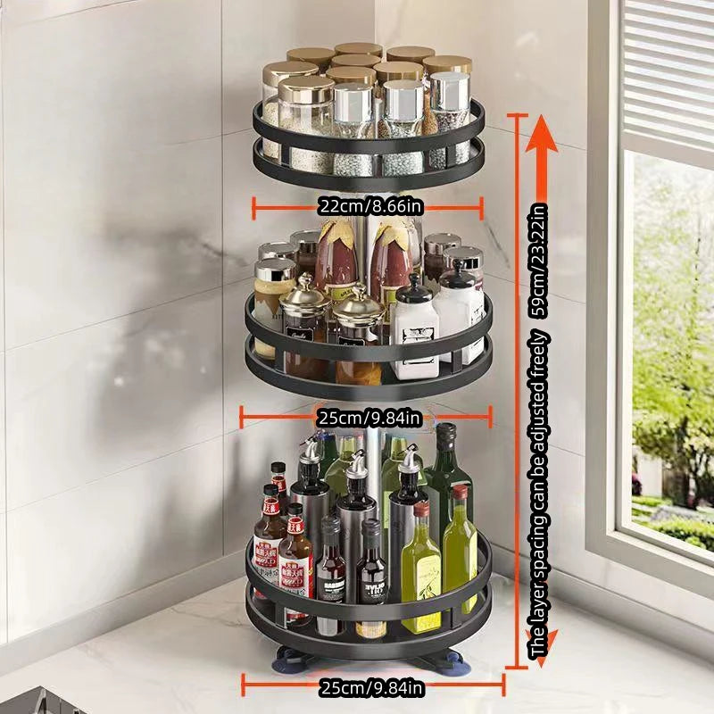 2/3 Tiers Carbon Steel Kitchen Revolving Tray Organizer 360° Rotating Turntable Spice Rack Multifunctional Home Storage Cabinet