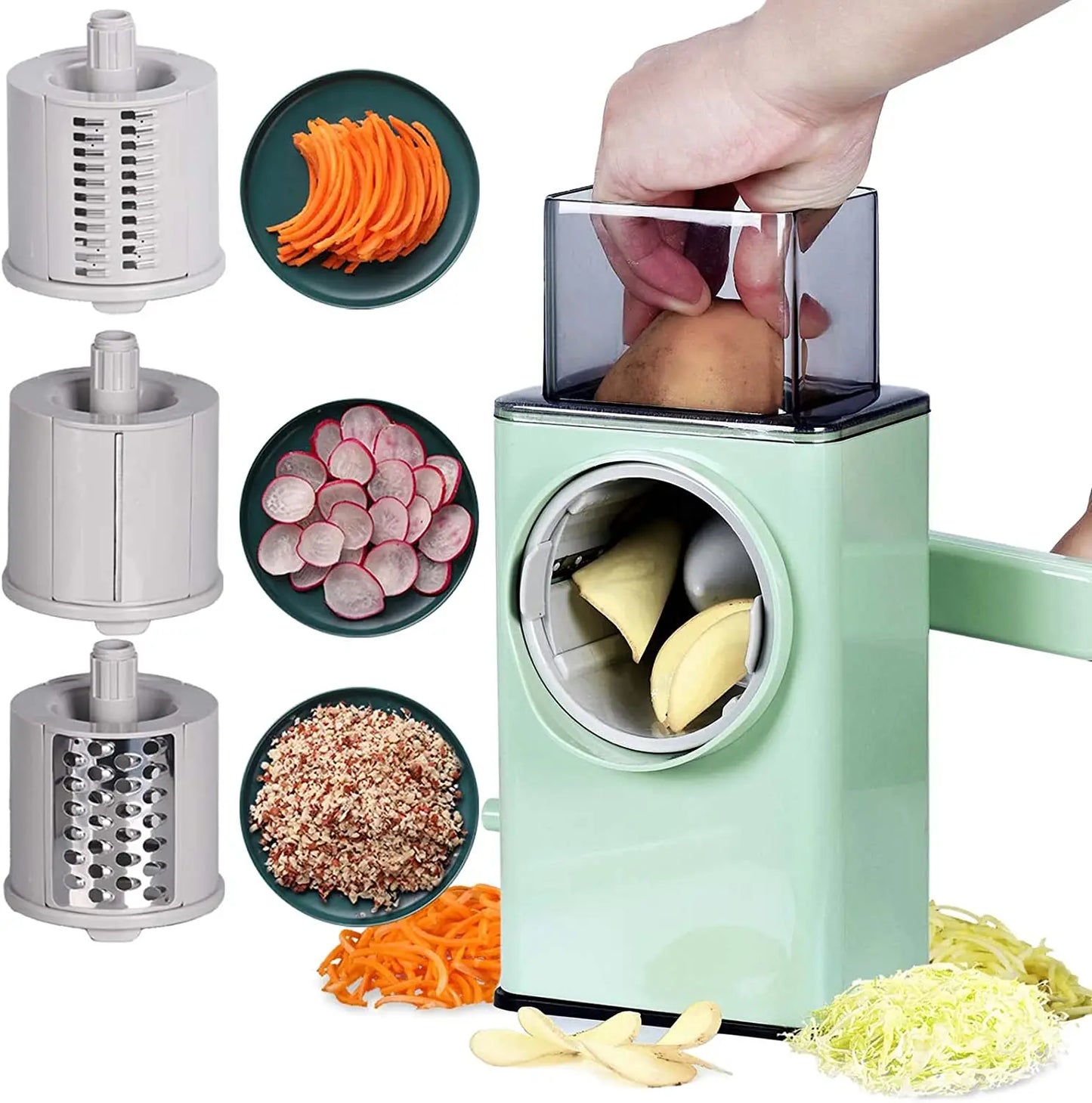 Multipurpose 3-in-1 Steel Food Plastic Hand Crank Chopper Rotary Cheese Vegetable Carrot Slicer Grater Set Kitchen Gadget