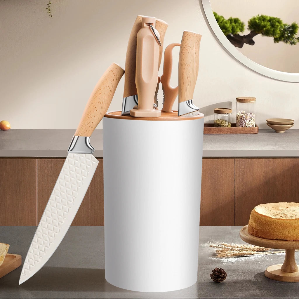 Yangjiang 7-Piece Kitchen Knife Set Plastic Holder Chef Santoku Nakiri Bread Boning Utility Fruit Slicer Knives
