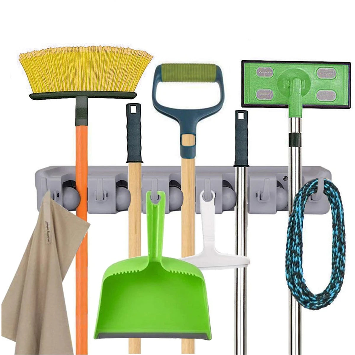 5 Position Wall Mounted Tool Organizer 6 Hooks Broom Mop Holder Tidy Organizer for Kitchen Living Room Garage & Bathroom