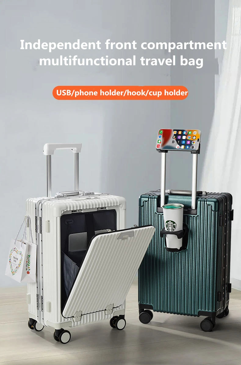 2024 New Design Front Open Carry on  Luggage Lightweight Hard Side Suitcase Travel Luggage With USB Charger and Cup Holder