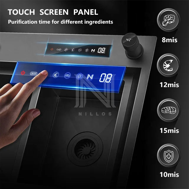 TD Digital Disinfection 3in1 Smart Kitchen Sink - Big Size Stepped Design for Fruit/Vegetable/Seafood, Black Nano,Luxury Kitchen