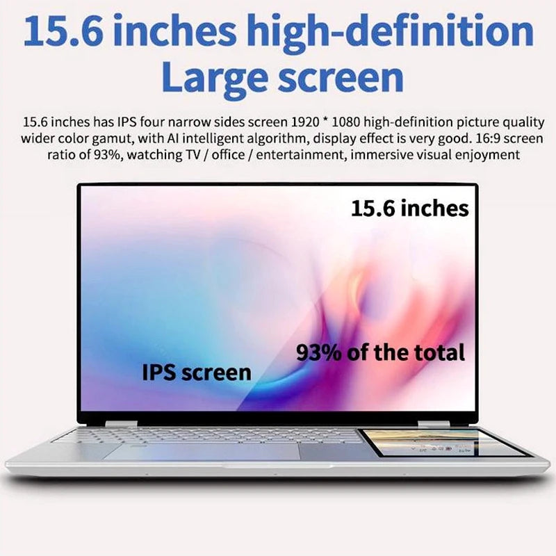 LONGQI Brand New 15.6+7 Inch 1920*1080P Intel N100 Notebook PC 16GB RAM 1T SSD OEM Gaming Business Laptops English Cheap Laptops