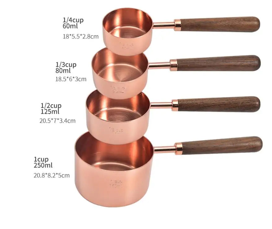 Fast Ship Rose Gold Stainless Steel Walnut Wood Handle Measuring Cups and Spoons Set for Dry and Liquid