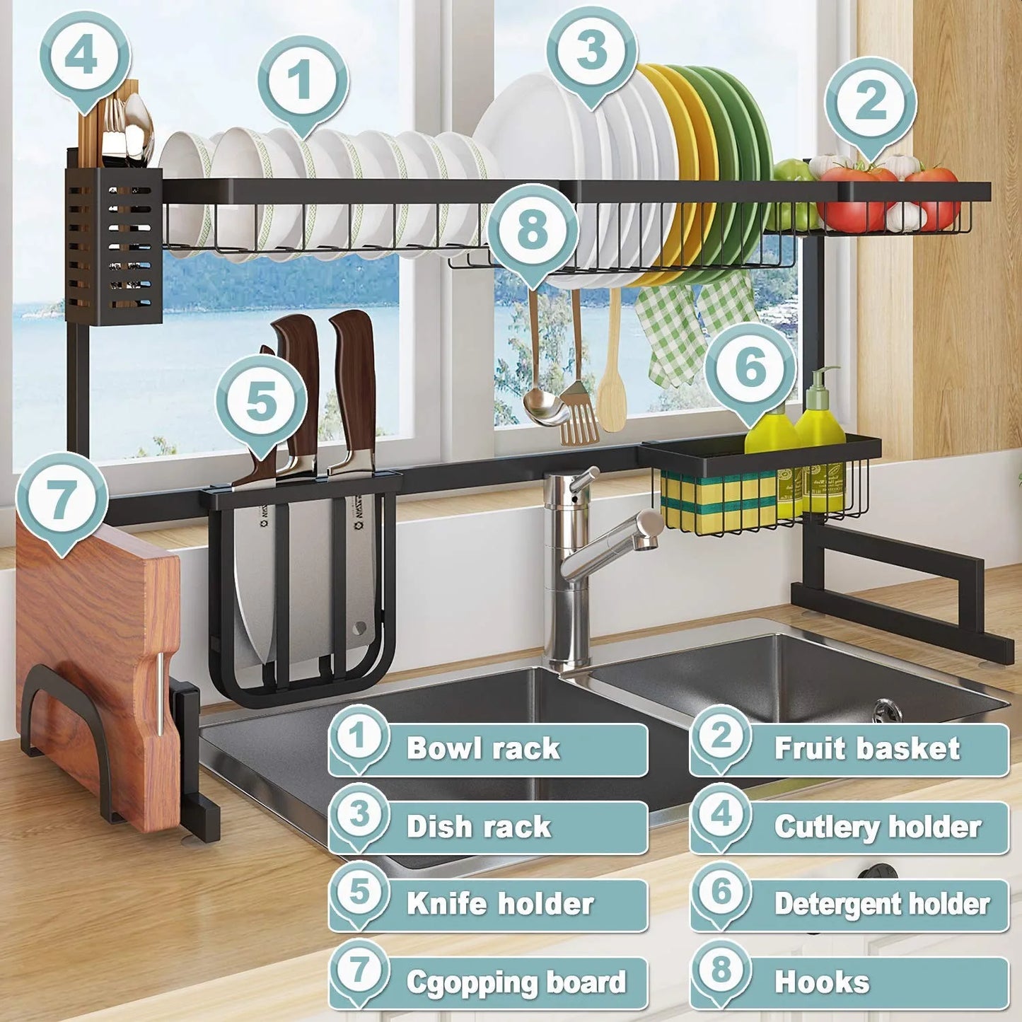 Dish Drainer Kitchen Organizer Expandable Drying Rack Over Sink Multi Functional Kitchen Shelf Space Saving Home Organizer