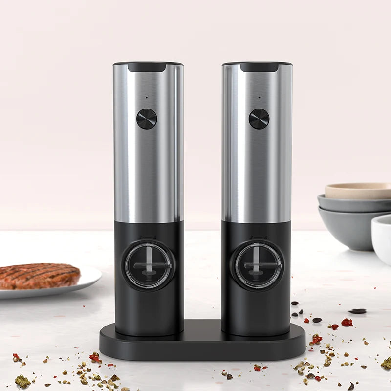 2022 New 2pcs Adjustable Coarseness Rechargeable Stainless Steel Gravity Electric Salt and Pepper Grinder Set with LED Light