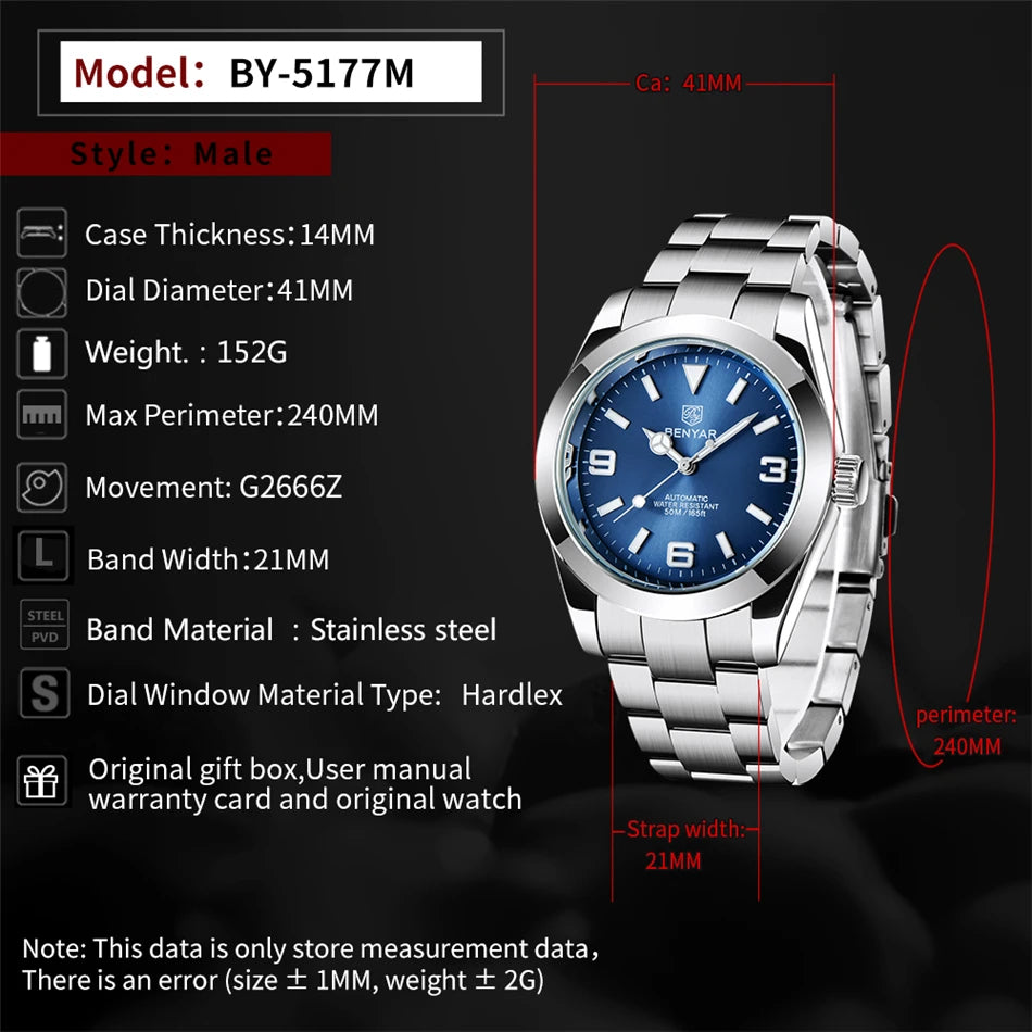 BENYAR 40MM V2 Version Top Brand  Luxury Men Watch Fashion Sport Watch  Automatic Mechanical Watches 10Bar BY-5177